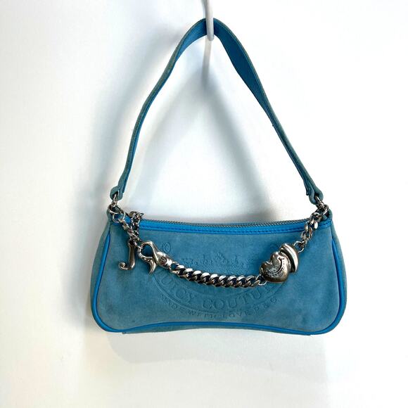Vintage Y2K Juicy Couture Baguette Shoulder Bag Blue Leather Mini Heart Charm - Picture 1 of 11